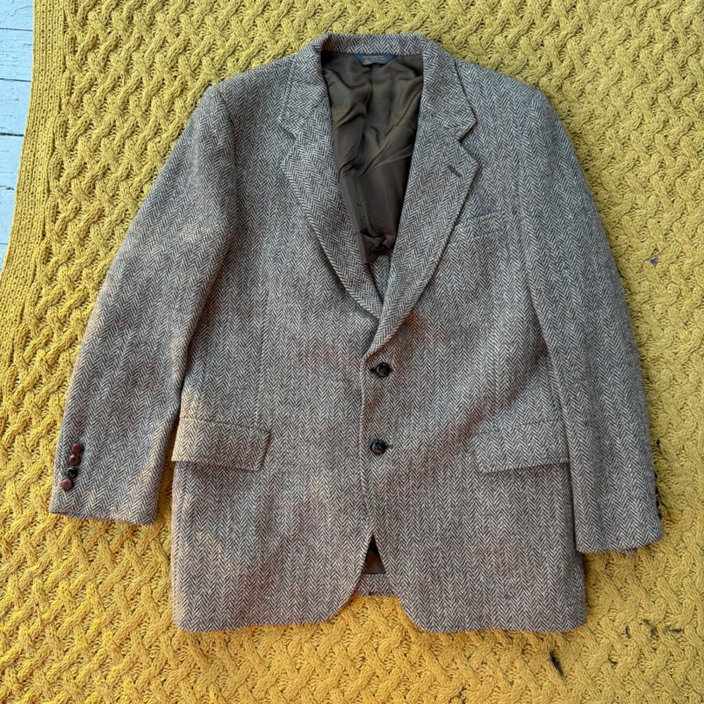 Harris Tweed Mens 46 Reg Brown Herringbone Wool Blazer Sport Coat Handwoven USA